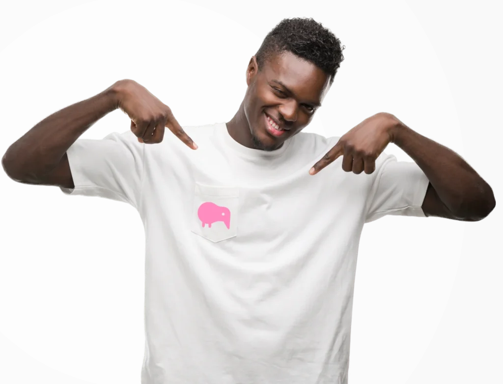 man in white tshirt with pink kiwi printed on pocket